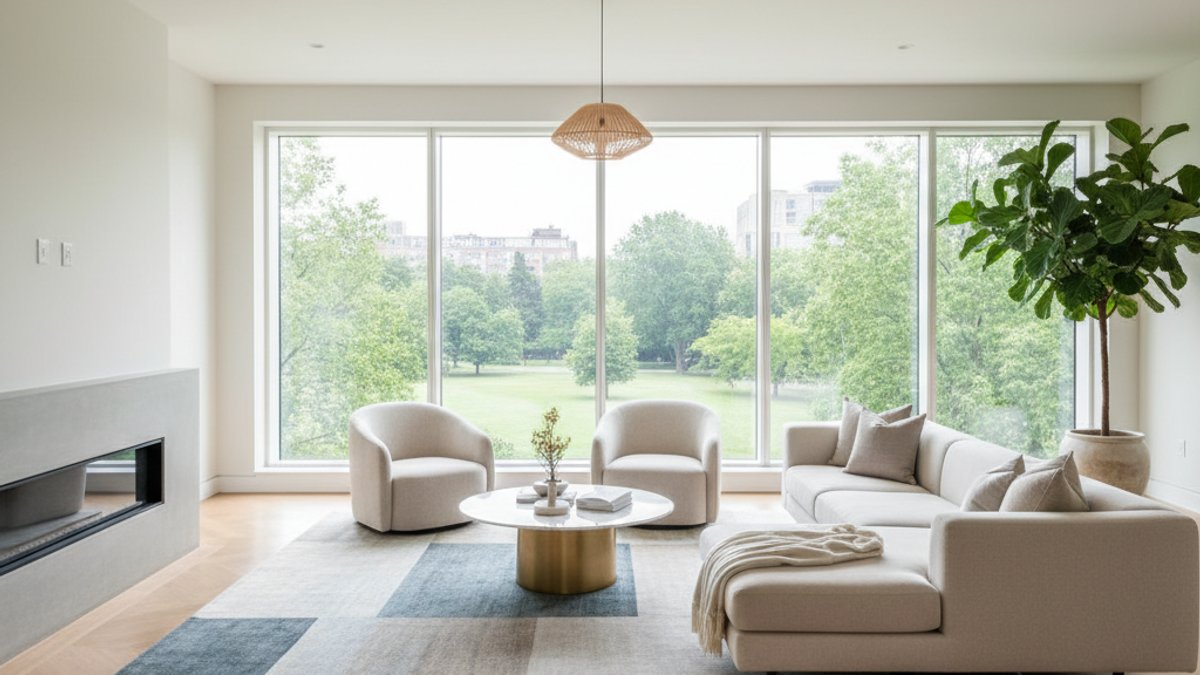 Phòng khách hiện đại với sàn gỗ sang trọng và ánh sáng tự nhiên