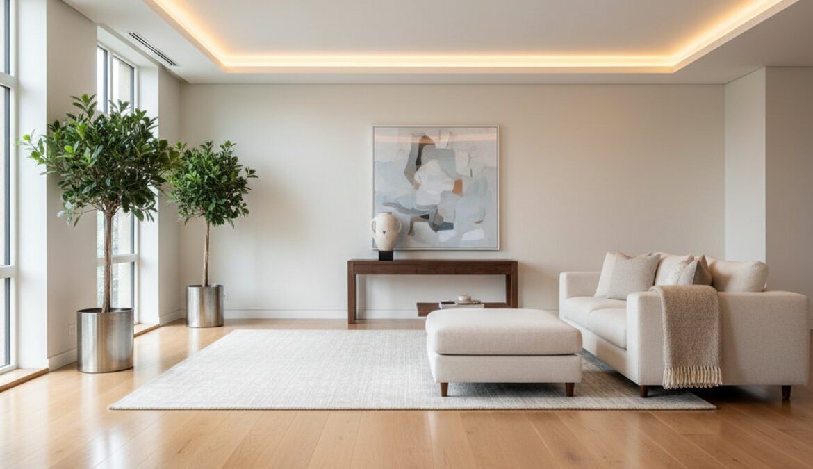 Sàn gỗ đẹp trong phòng khách hiện đại, không tì vết