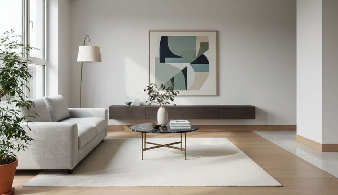 Phòng khách hiện đại, sàn gỗ, phào chân tường, nẹp sàn gỗ tinh tế