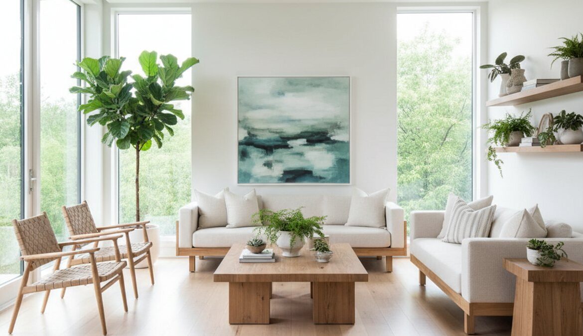 Phòng khách hiện đại, sàn gỗ sáng màu, ánh sáng tự nhiên