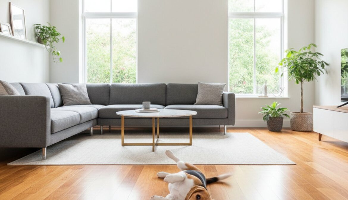 Chú chó vui đùa trên sàn gỗ bền đẹp trong phòng khách hiện đại