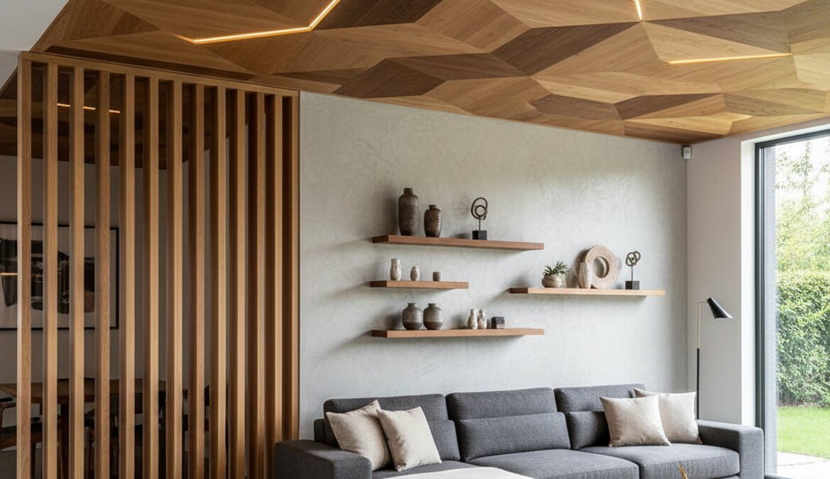 Phòng khách với trần gỗ, vách ngăn gỗ và kệ gỗ