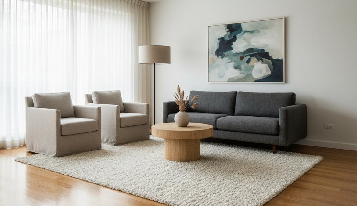 Phòng khách hiện đại, sàn gỗ, thảm, ánh sáng tự nhiên