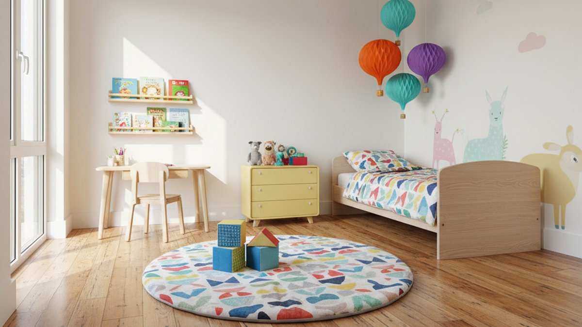 Phòng ngủ của bé với sàn gỗ công nghiệp ấm cúng