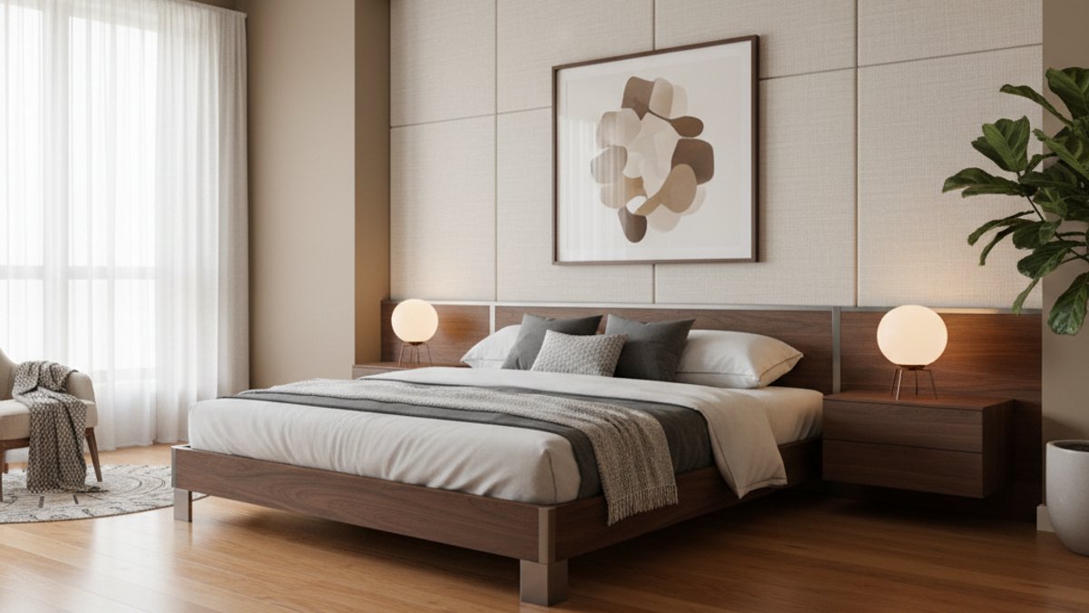 Sàn gỗ, giường gỗ có chi tiết kim loại trong phòng ngủ