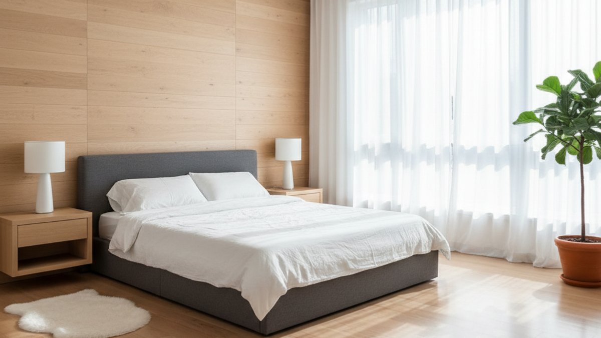 Sàn gỗ maple, ốp tường gỗ sáng, phòng ngủ hiện đại