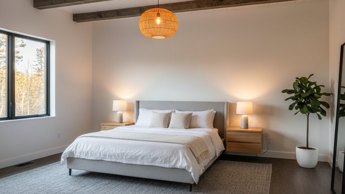 Thiết kế phòng ngủ với trần và sàn gỗ cổ điển