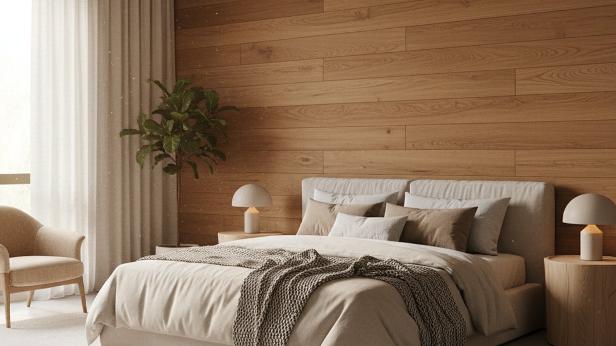 Phòng ngủ có tường ốp gỗ tạo không gian yên tĩnh và ấm áp