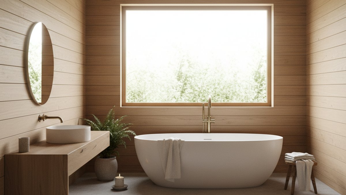 Thiết kế phòng tắm ấm cúng gỗ ốp tường