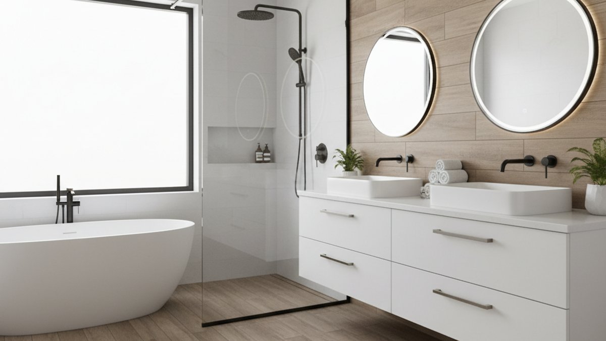 Phòng tắm hiện đại gỗ ốp tường sàn giả gỗ