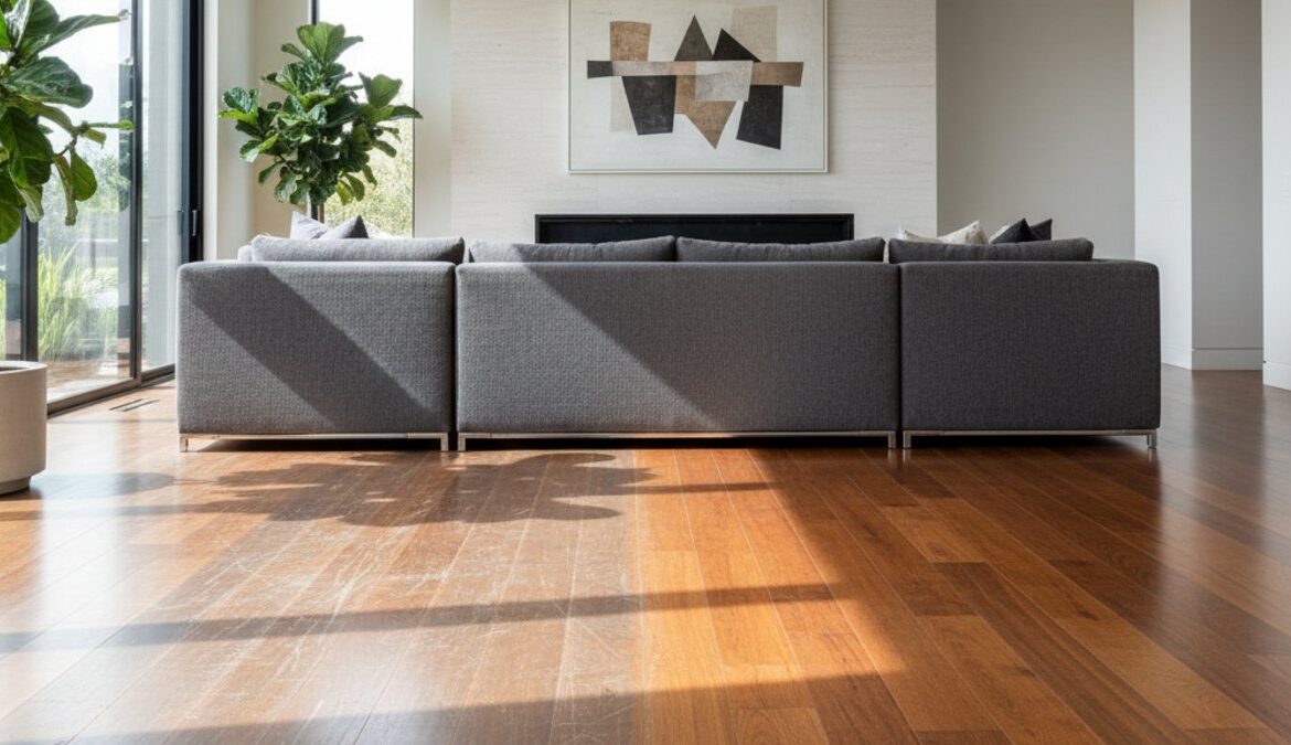 Sàn gỗ cũ đã được phục hồi một phần, mặt sàn sáng bóng