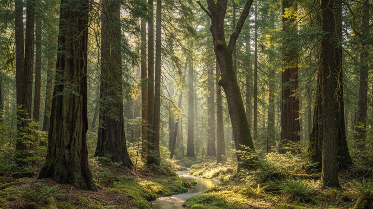 Cảnh rừng nguyên sinh với cây gỗ lớn