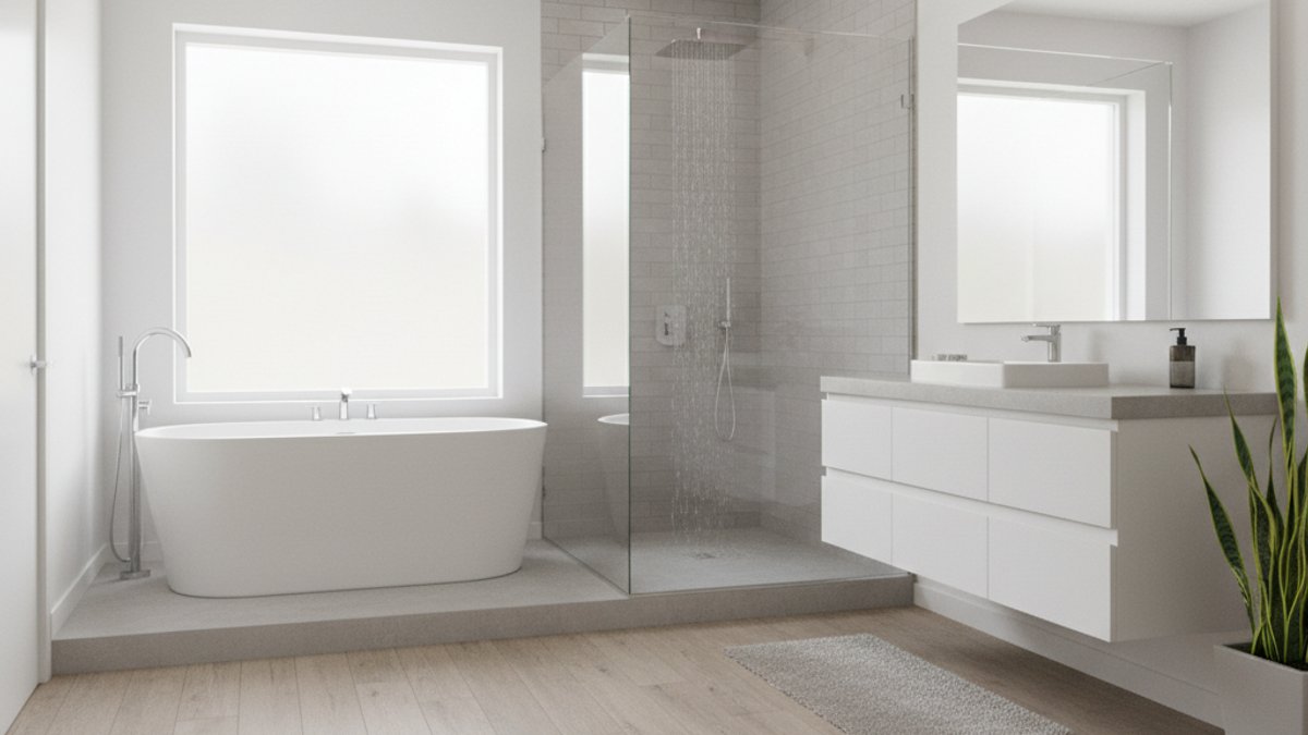 Sàn giả gỗ SPC chống nước trong phòng tắm hiện đại