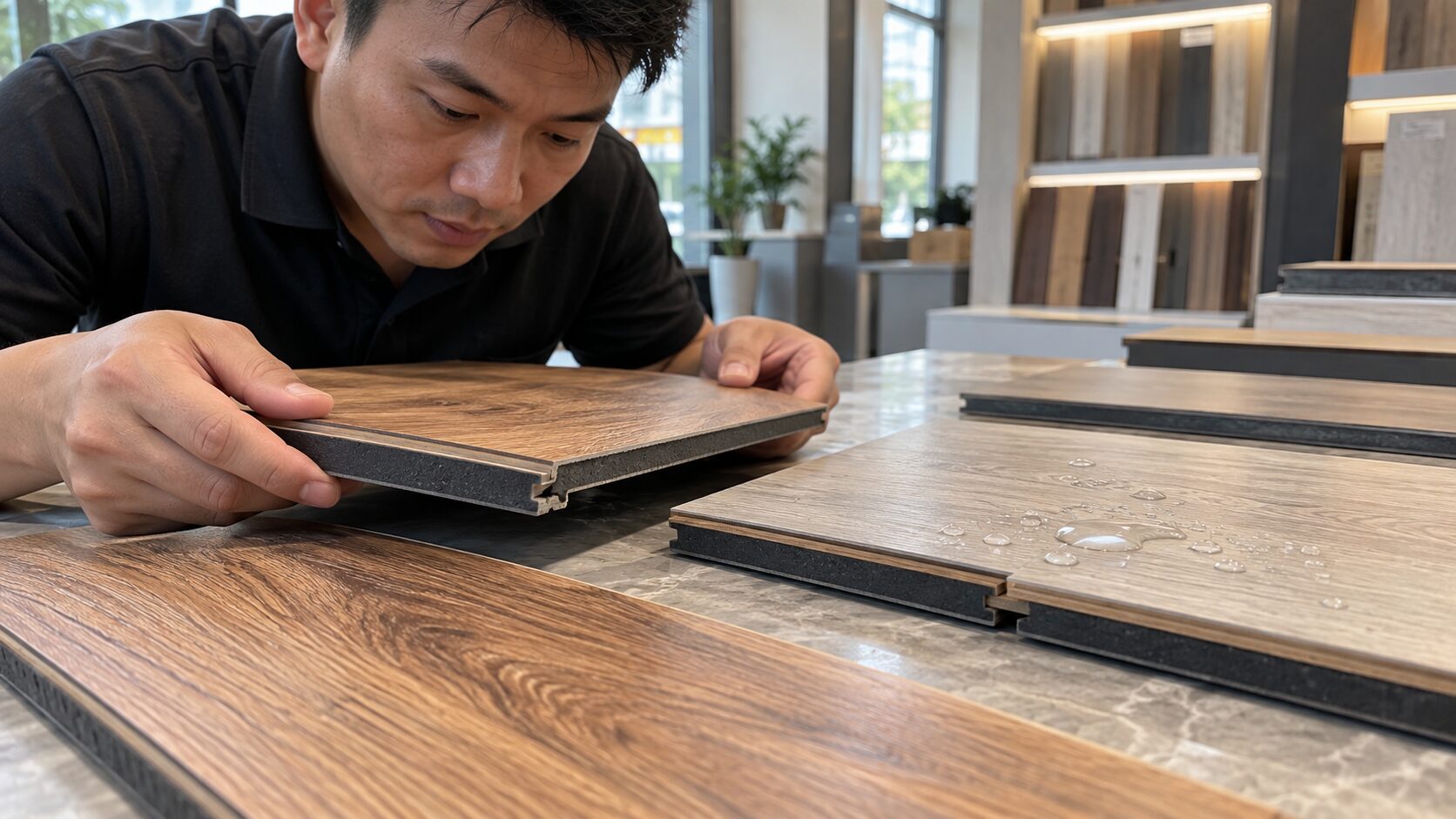 Ảnh chụp thực tế kỹ thuật viên kiểm tra mẫu Sàn Gỗ AROMA 12mm tại bàn thử nghiệm trong showroom vật liệu. Trên bàn có các thanh sàn cốt đen, một mẫu t