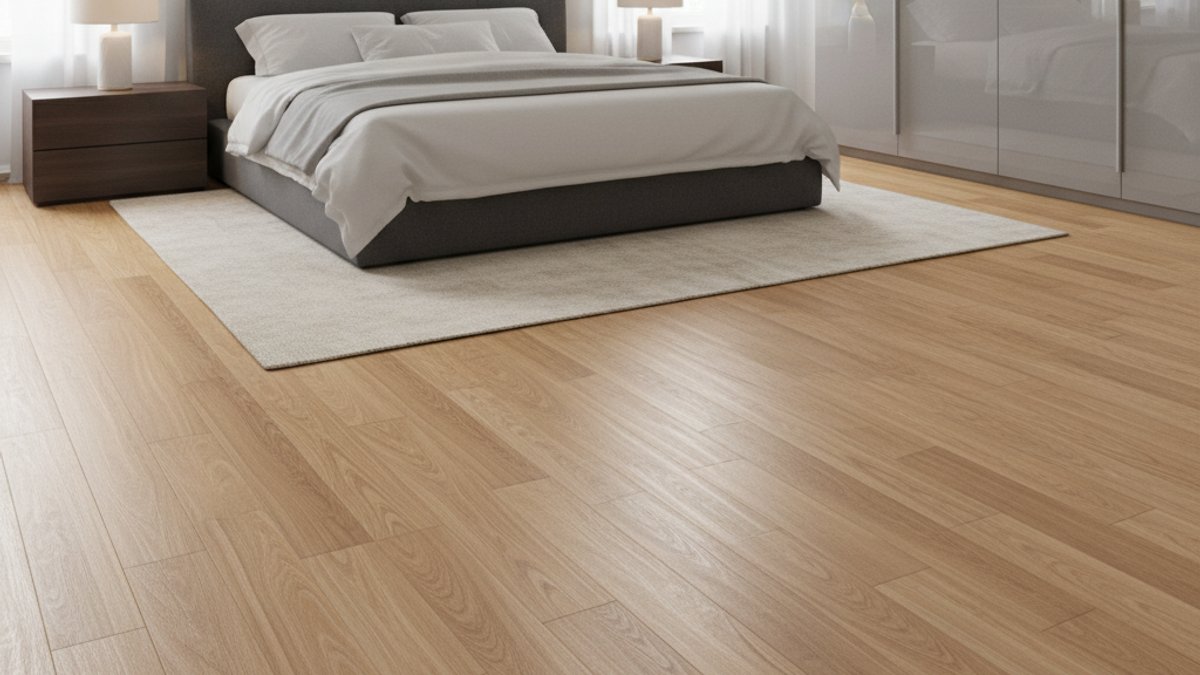 Phòng ngủ hiện đại với sàn gỗ công nghiệp màu sáng