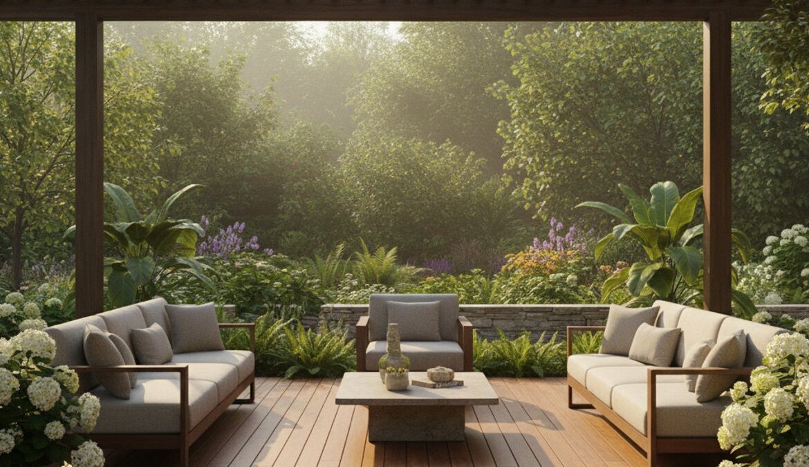 Sân gỗ decking ngoài trời được bảo dưỡng tốt, hiện đại