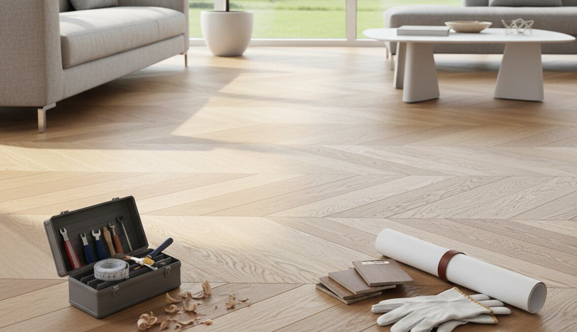 Sàn gỗ xương cá phòng khách hiện đại, biểu tượng lựa chọn thi công