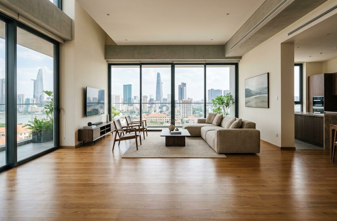 Không gian phòng khách căn hộ sang trọng lót sàn gỗ công nghiệp ấm cúng