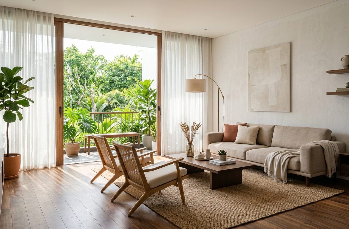 Không gian phòng khách hiện đại lát sàn gỗ tông màu ấm cúng tinh tế