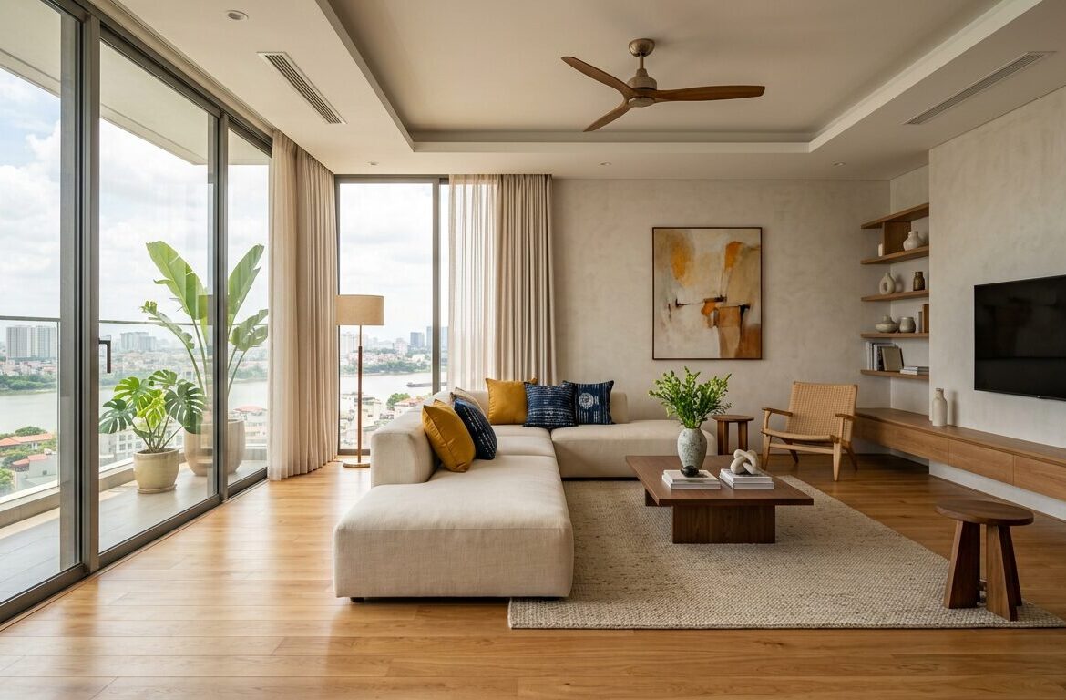 Phòng khách căn hộ hiện đại lát sàn gỗ tông màu ấm cúng