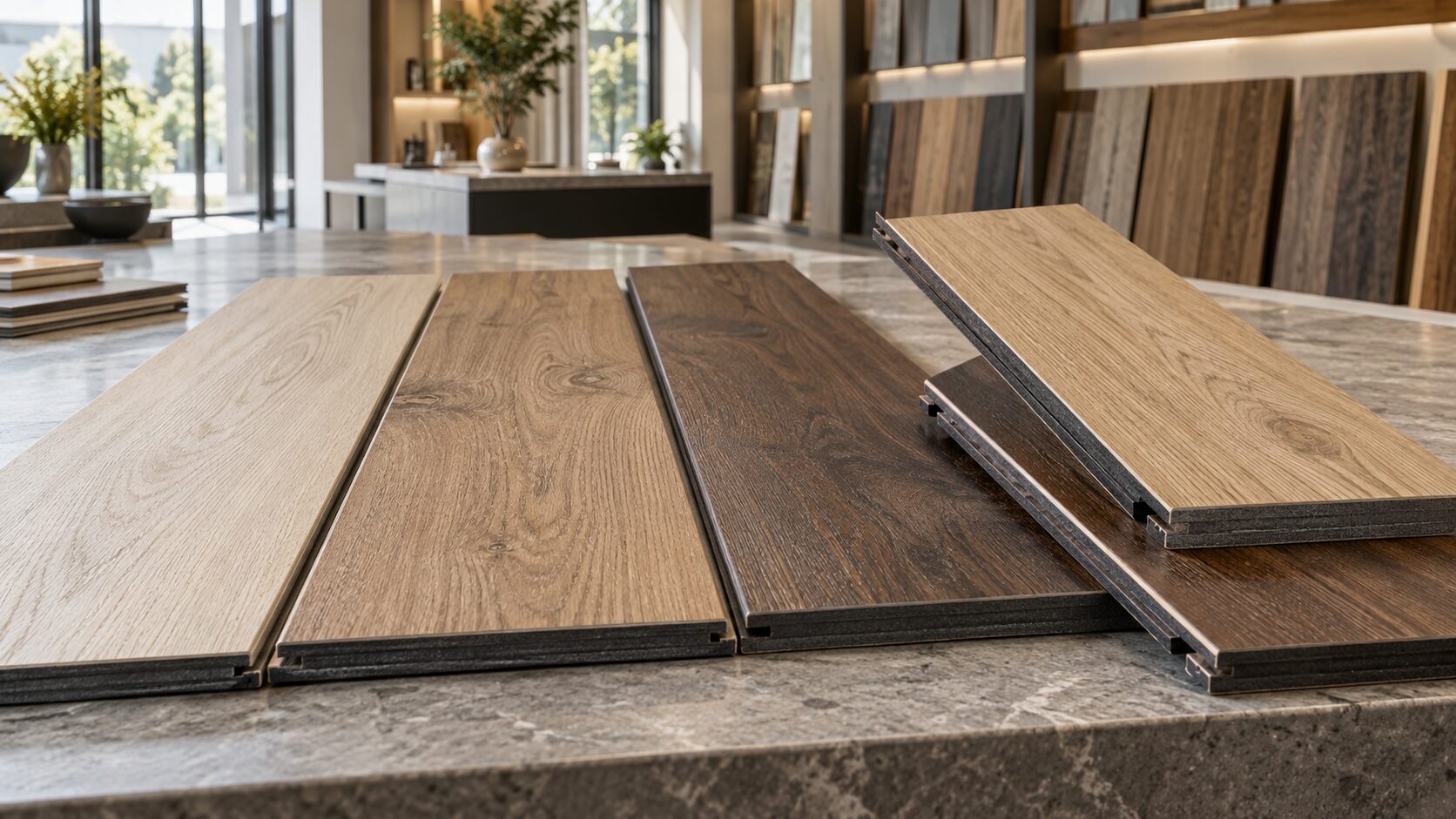 Ảnh chụp sản phẩm Sàn Gỗ DreamLux Cốt Đen 8mm trên bàn trưng bày tại showroom vật liệu nội thất hiện đại. Nhiều thanh sàn màu sồi sáng, nâu tự nhiên v