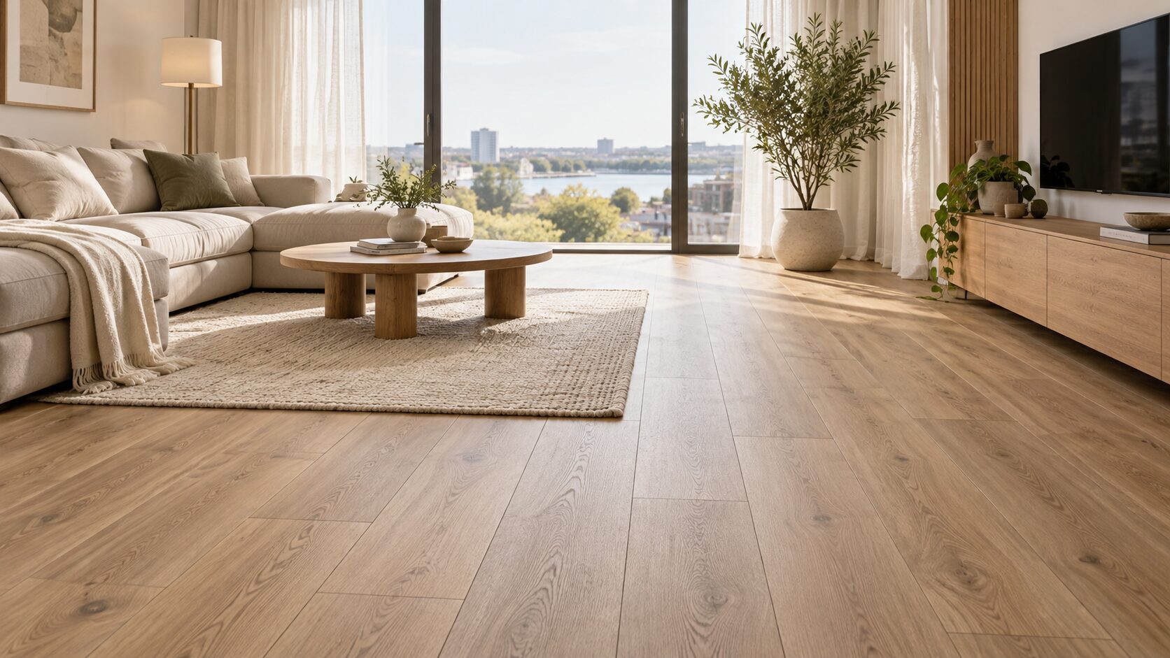 Ảnh chụp phòng khách căn hộ chung cư hiện đại đã hoàn thiện bằng Sàn Gỗ DreamLux Cốt Đen 8mm màu sồi nâu sáng. Bề mặt sàn chiếm phần lớn tiền cảnh, th
