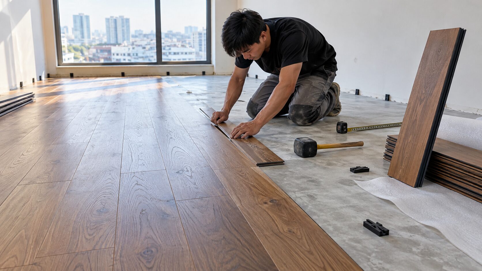 Ảnh chụp thực tế quá trình thi công Sàn Gỗ DreamLux Cốt Đen 8mm trong căn hộ chung cư hiện đại, khoảng một nửa diện tích phòng đã hoàn thiện bằng sàn 