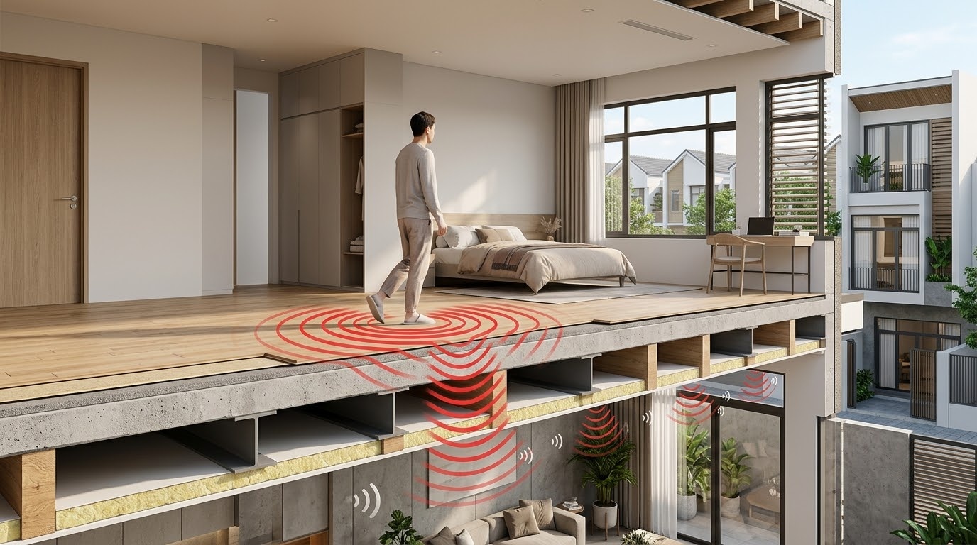 Tiếng ồn va đập khi đi lại trên sàn gỗ tầng 2.