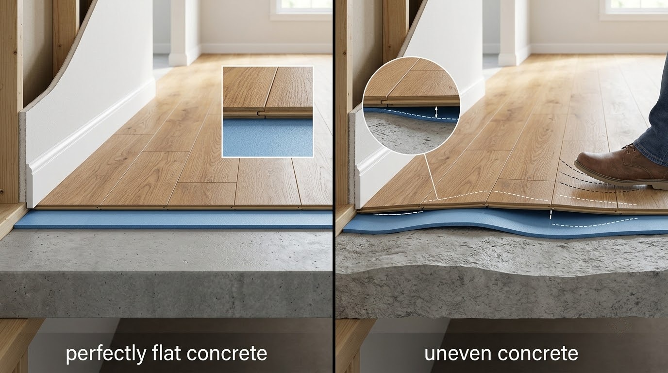 Nền bê tông không phẳng khiến sàn gỗ phát sinh tiếng lộp cộp.