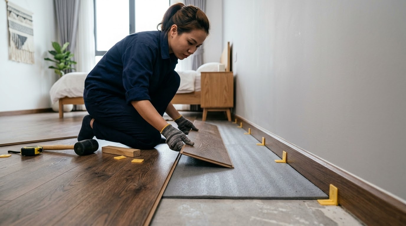 Thi công sàn gỗ floating floor và chừa khe co giãn đúng kỹ thuật.