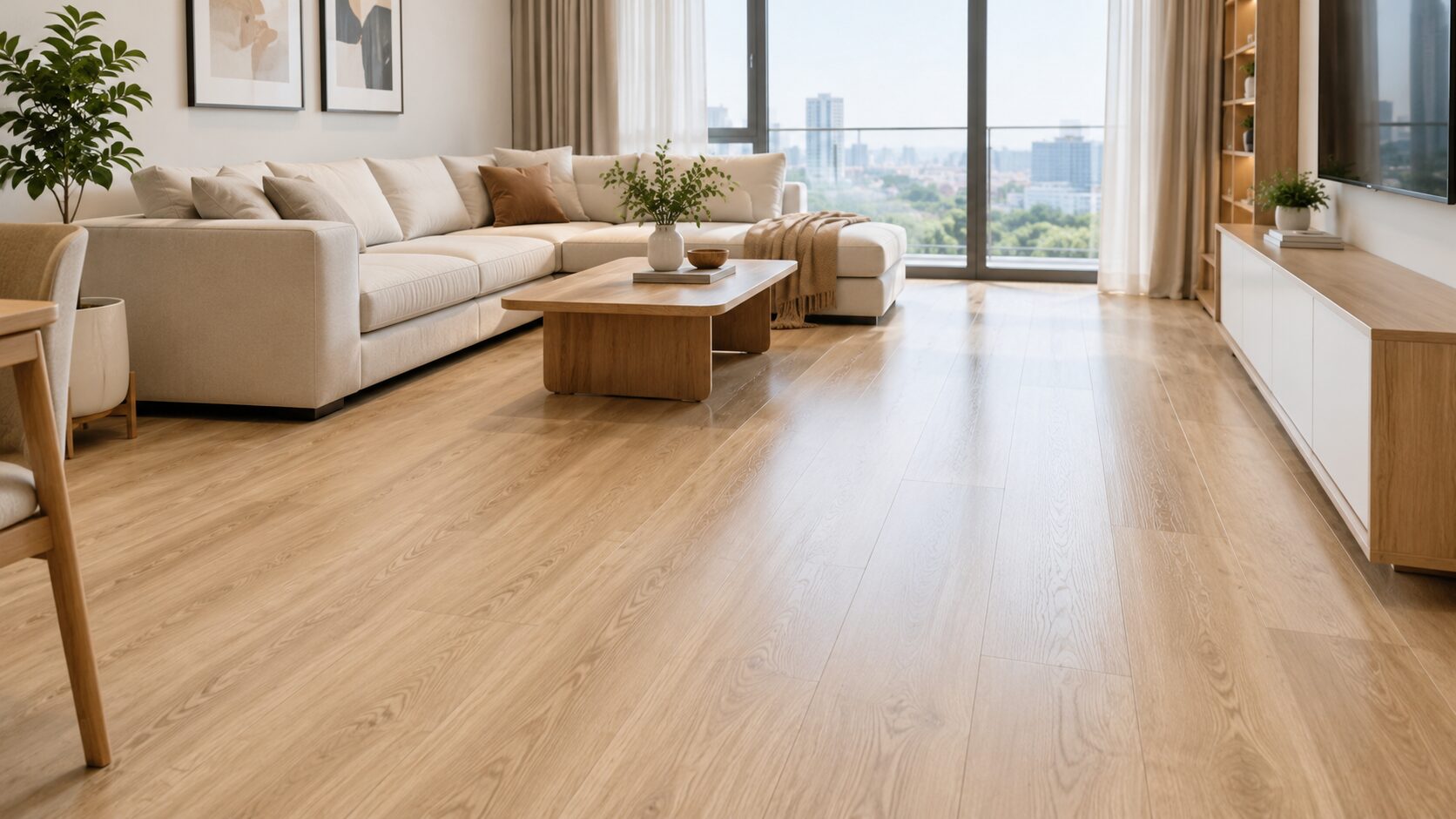 Ảnh chụp phòng khách căn hộ gia đình hiện đại đã hoàn thiện bằng sàn gỗ công nghiệp HDF 12mm màu sồi sáng. Không gian có sofa màu kem, bàn trà gỗ tự n