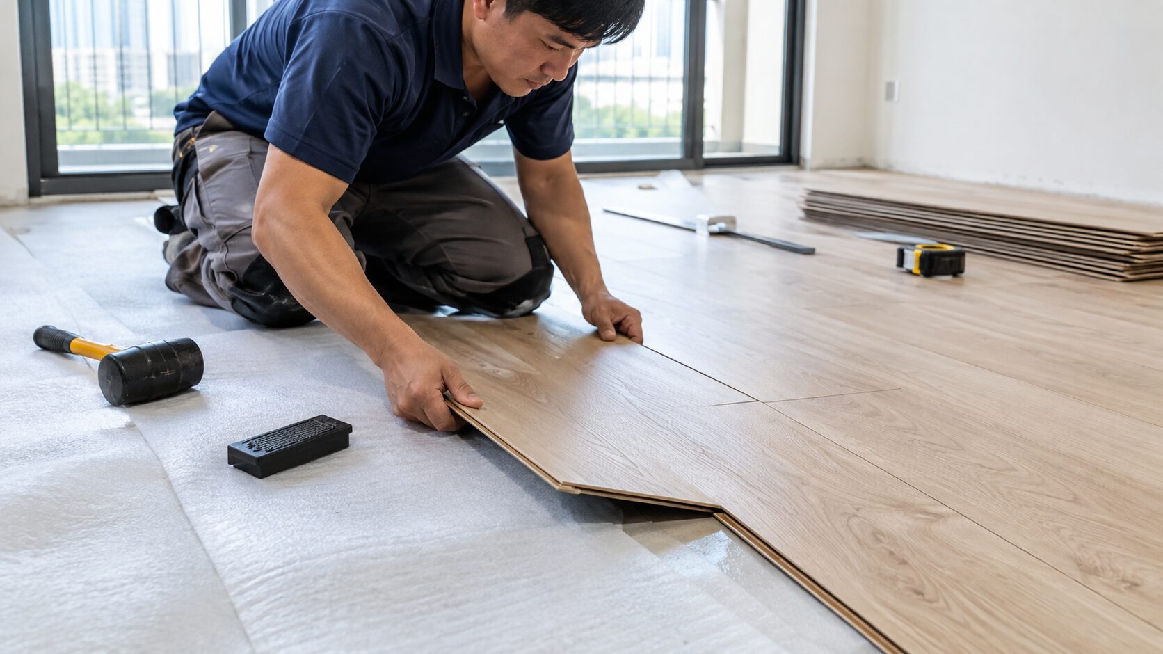 Ảnh chụp thực tế thợ thi công chuyên nghiệp đang lắp đặt sàn gỗ HDF 12mm bằng hệ thống hèm khóa trong căn hộ hiện đại. Cận cảnh bàn tay người thợ ghép