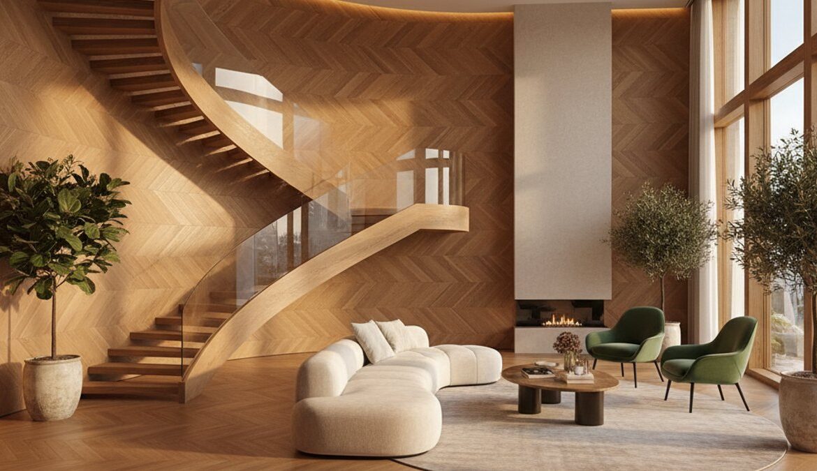 Sàn gỗ lắp đặt tinh xảo trong không gian kiến trúc phức tạp có đường cong và cầu thang xoắn