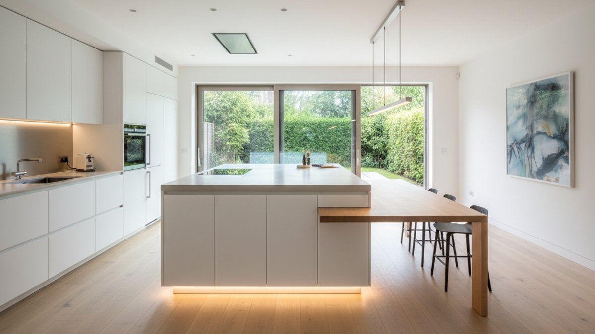 Khu vực bếp ăn với sàn gỗ có đèn LED