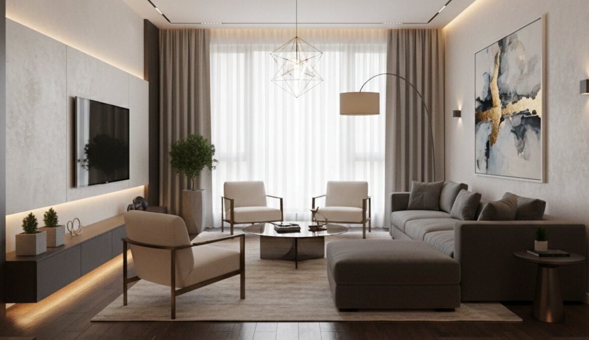 Phòng khách hiện đại với sàn gỗ kỹ thuật tích hợp đèn LED