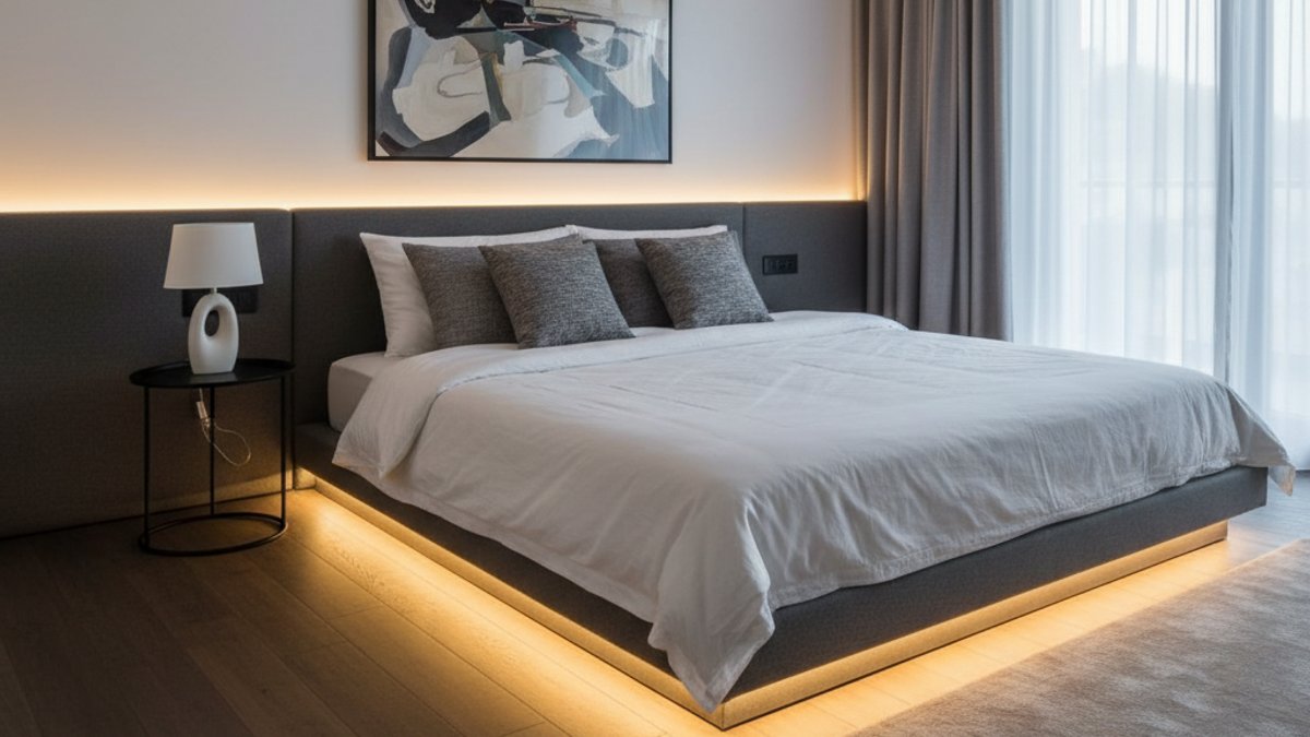 Phòng ngủ hiện đại với sàn gỗ có đèn LED