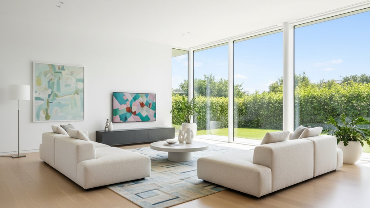 Phòng khách sàn gỗ màu sáng rộng rãi