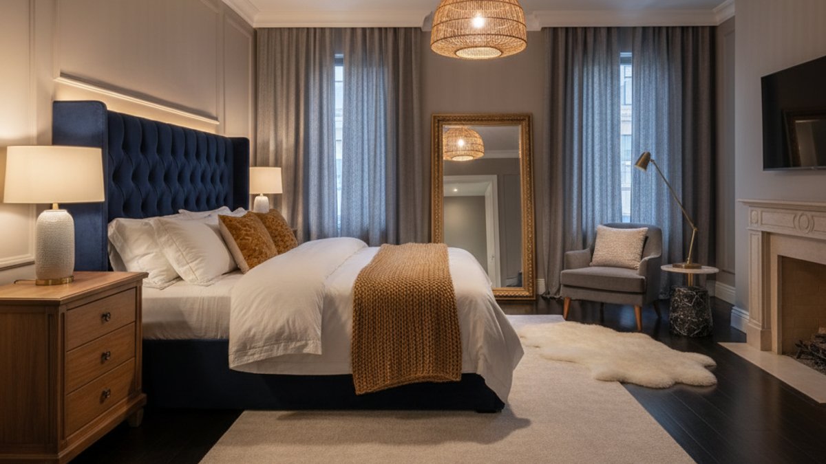 Phòng ngủ sàn gỗ màu tối ấm áp