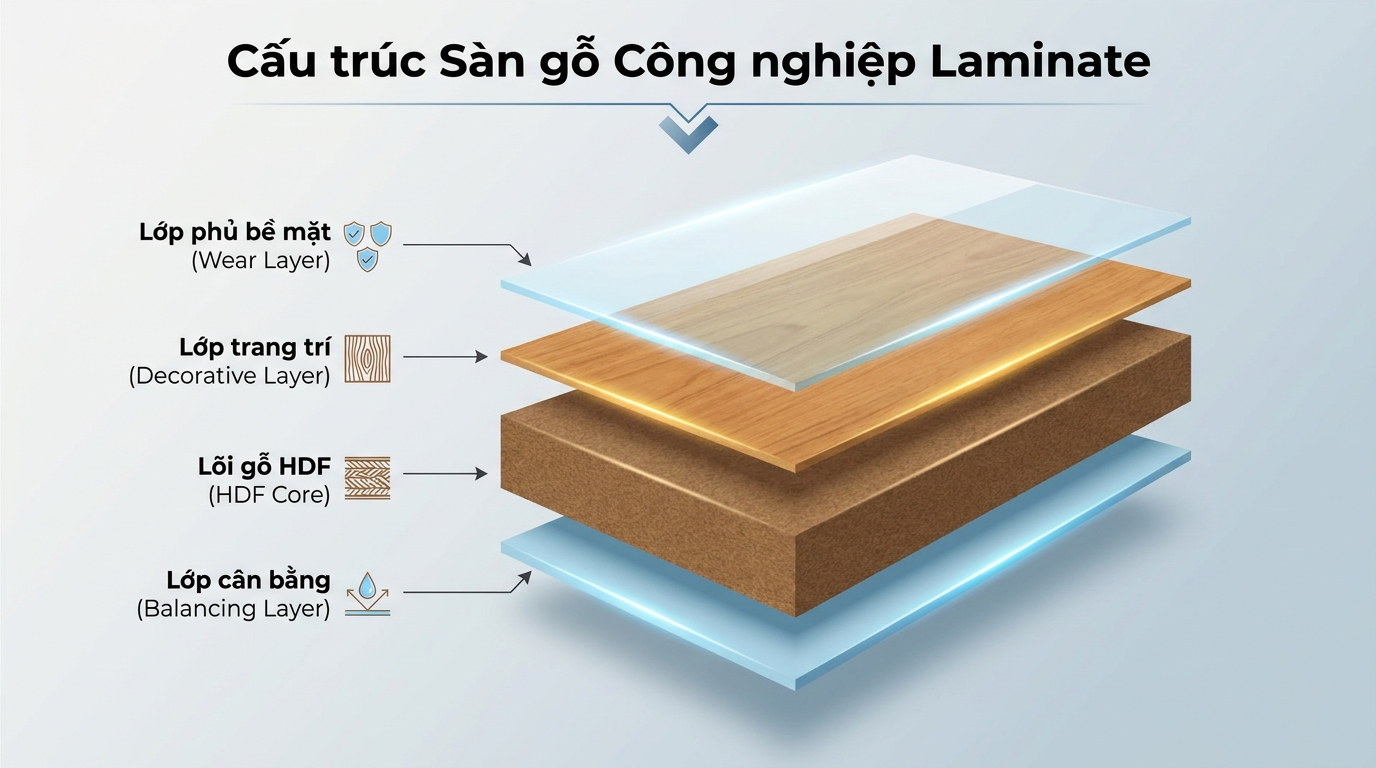 Cấu tạo sàn gỗ công nghiệp chống ẩm gồm nhiều lớp