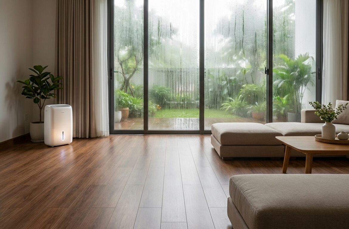 Sàn gỗ công nghiệp trong phòng khách hiện đại vào mùa nồm ẩm
