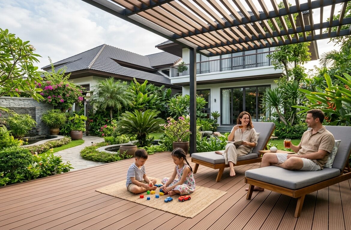 Sân vườn pergola lót sàn gỗ ngoài trời WPC dành cho gia đình có trẻ nhỏ.
