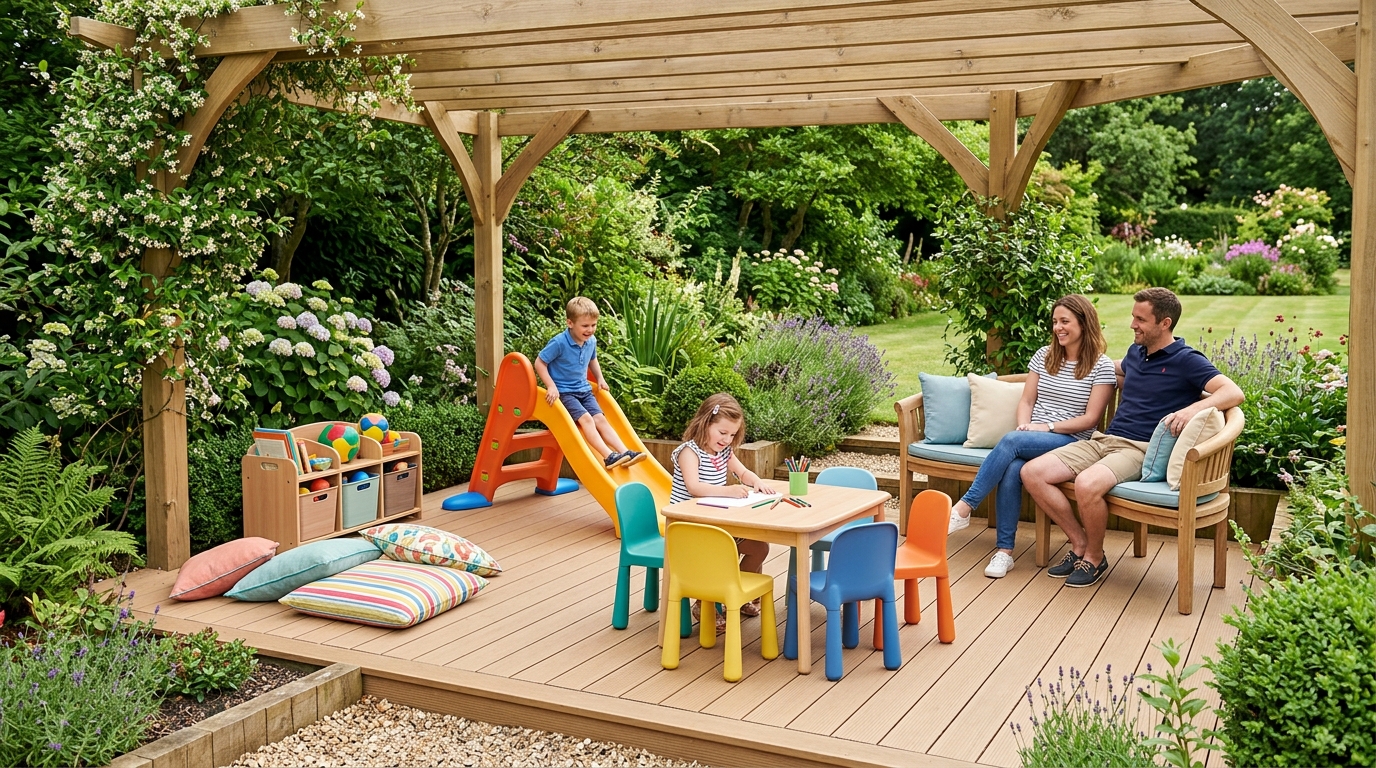 Khu vui chơi trẻ nhỏ dưới pergola với sàn WPC và nội thất bo tròn.