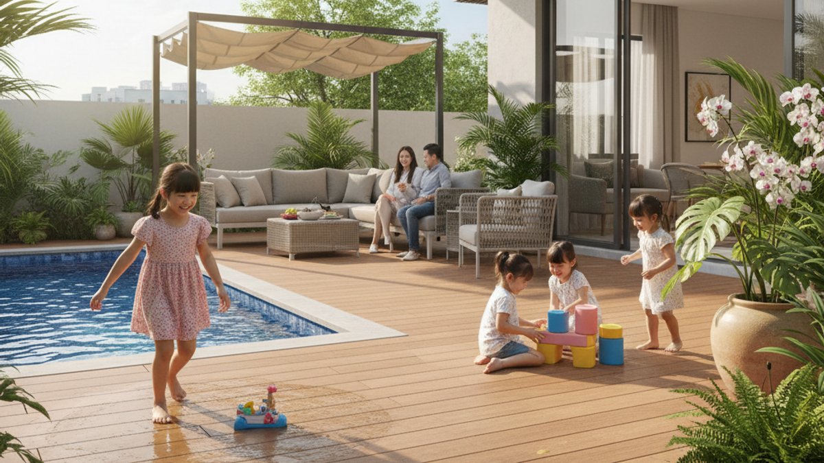 Trẻ em chơi đùa trên sàn gỗ nhựa WPC an toàn