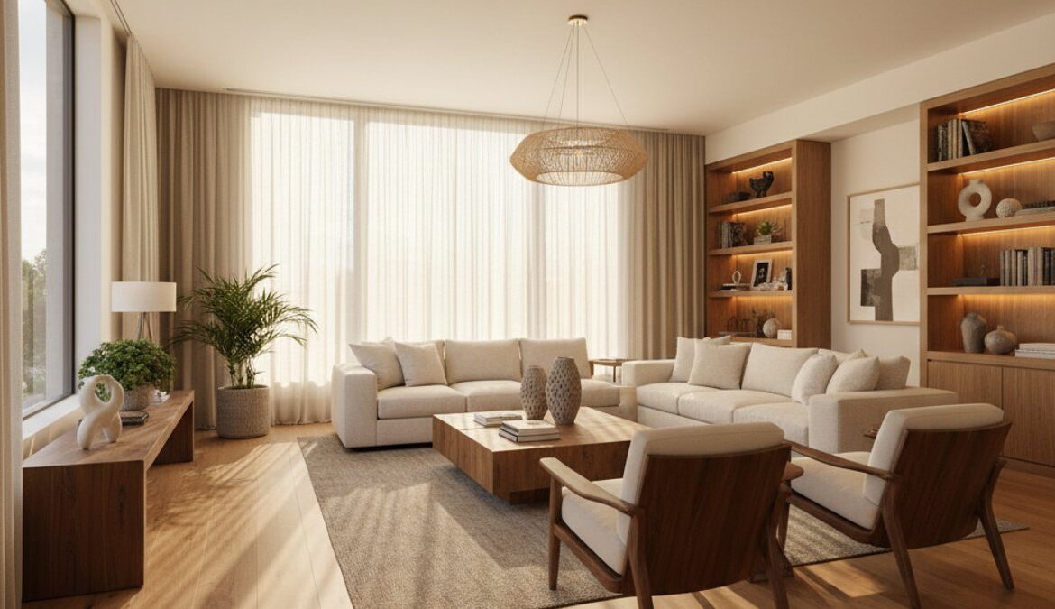 Phòng khách sang trọng với sàn và nội thất gỗ tự nhiên