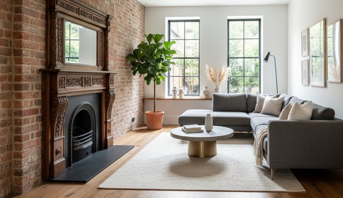 Phòng khách cải tạo với sàn gỗ kỹ thuật và tường gạch cổ