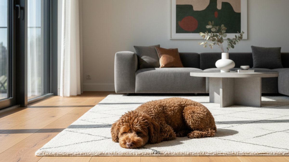 Chú chó thư giãn trên sàn gỗ tự nhiên cao cấp