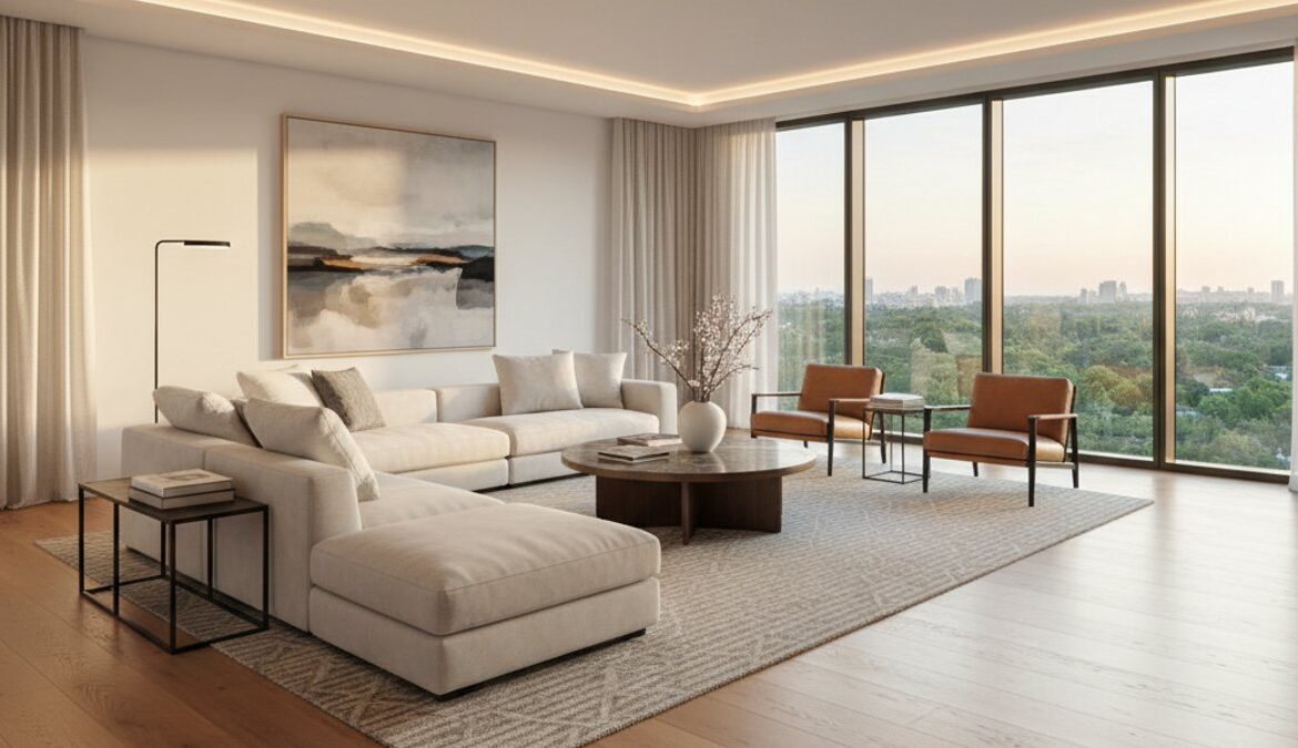 Phòng khách hiện đại lát sàn gỗ tự nhiên cao cấp