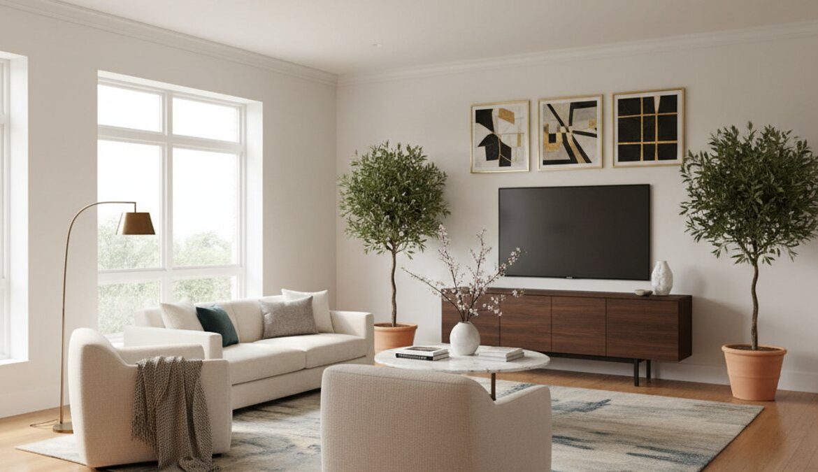 Phòng khách hiện đại với sàn gỗ tự nhiên bền đẹp