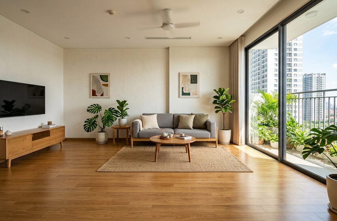 Không gian phòng khách hiện đại sử dụng lát sàn màu gỗ sồi ấm áp tràn ngập ánh sáng tự nhiên