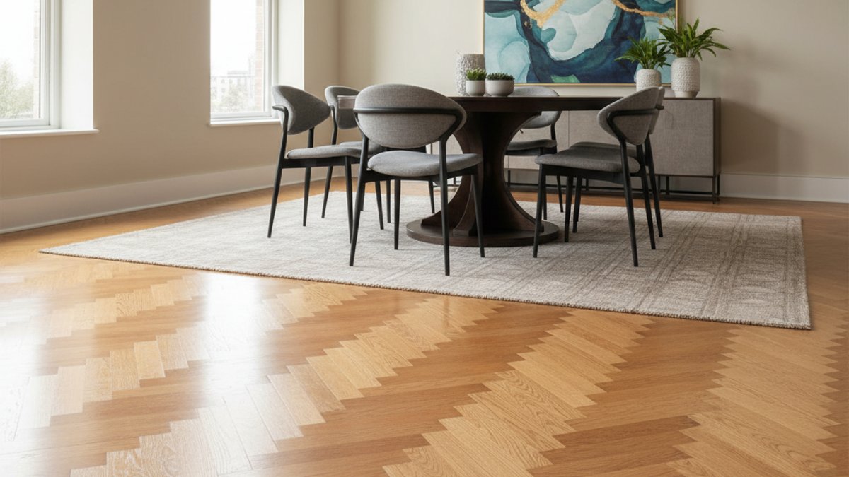 Sàn gỗ lắp đặt kiểu xương cá phòng ăn